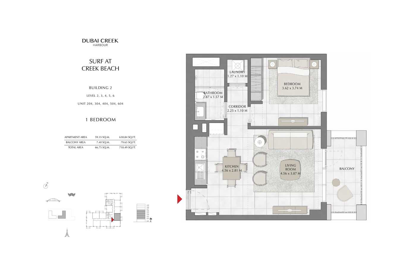 Building 2, 1 Bedroom Level 2, 3, 4, 5, 6, Size 718 Sq Ft